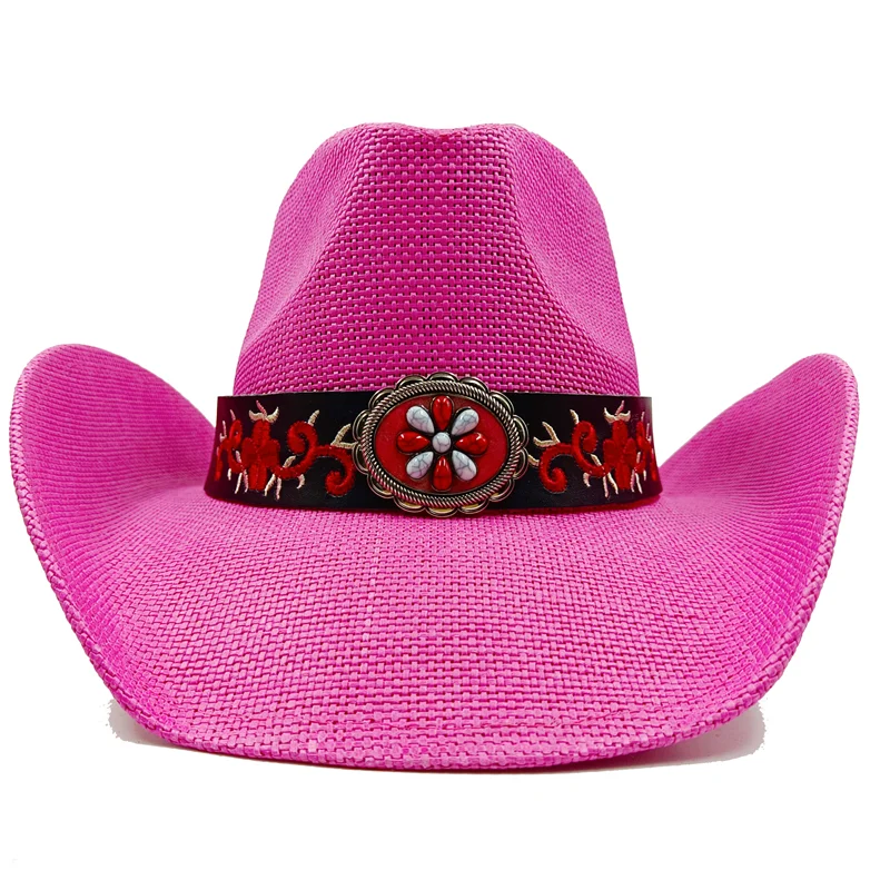 Rose Red Cowboy Hat Straw Hat 2024 New Men\'s and Women\'s Jazz Cowboy Hat Straw Hat Sun Hat Wide brimmed Hat Sombrero Vaquero