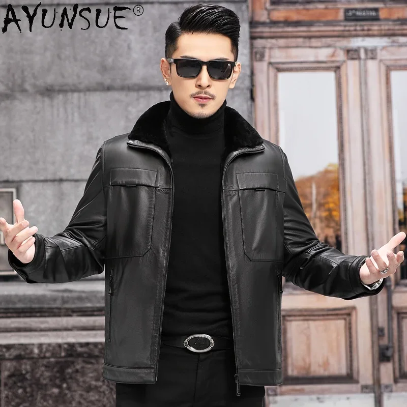 

AYUNSUE 100% Genuine Leather Jacket Men Winter 2021 Real Cowhide Coat Male Warm Thick Wool Liner Jacket Jaqueta Masculina Gxy755