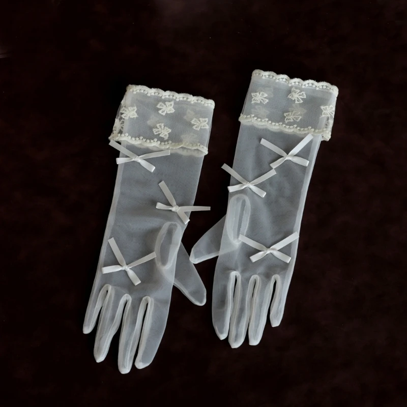 31BB Sheer Bridal Gloves for Brides and Bridesmaids, Seethrough Lace Handwear Gloves with Bowknot Decors for Wedding Ceremony