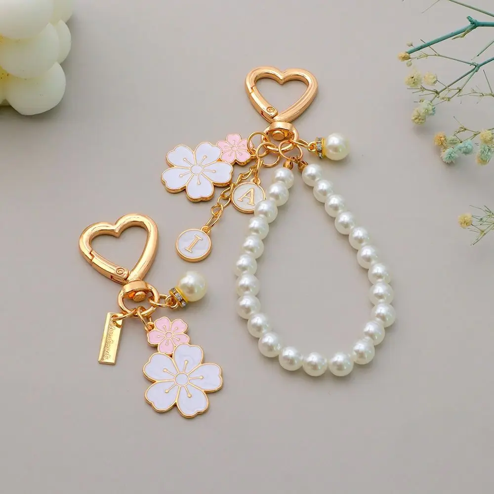 Lovely Cherry Blossoms Keychain Pearl Chain Letter Pendant Women Car Key Ring Headphone Case Charms Bag Decor Accessories