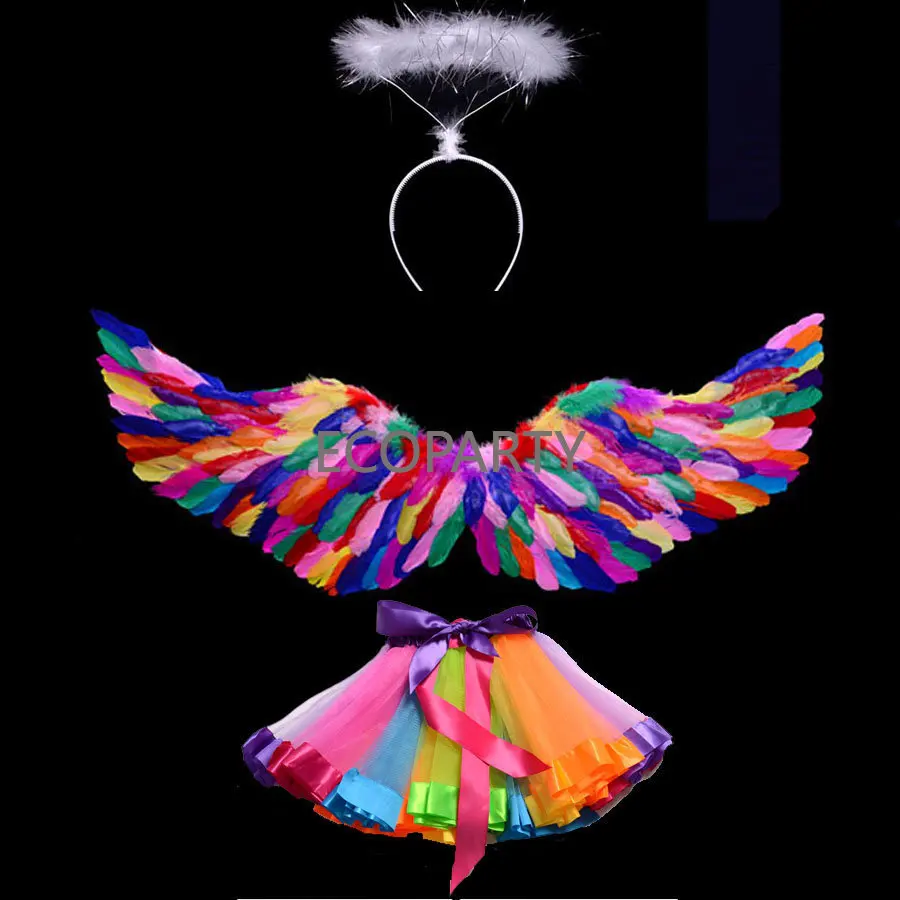 New Kids Women Girl Angel Feather Wing Costume Tutu Skirt Halo Ring Headband Party Birthday Gift Halloween Christmas Decoration