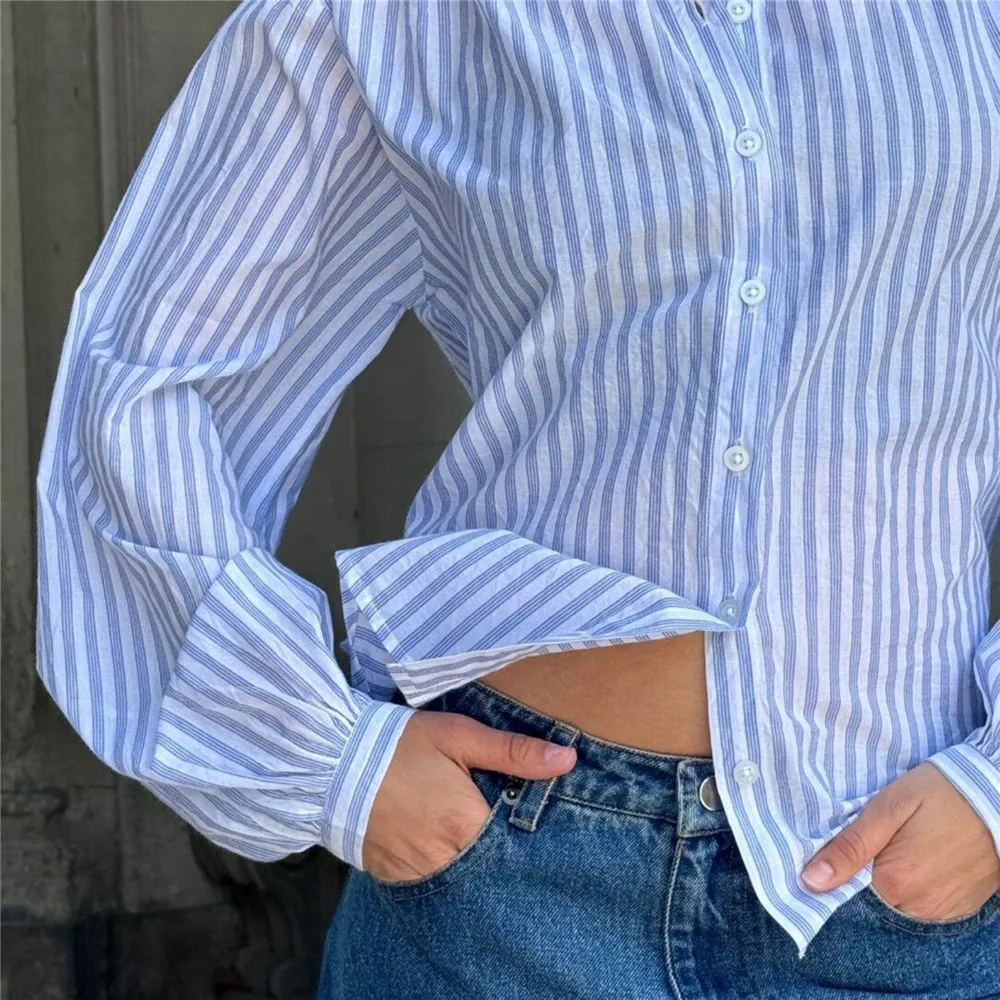 

Женские повседневные рубашки свободного покроя на пуговицах, осенние однотонные топы с длинными рукавами и полосками, женские осенние блузки для повседневной одежды