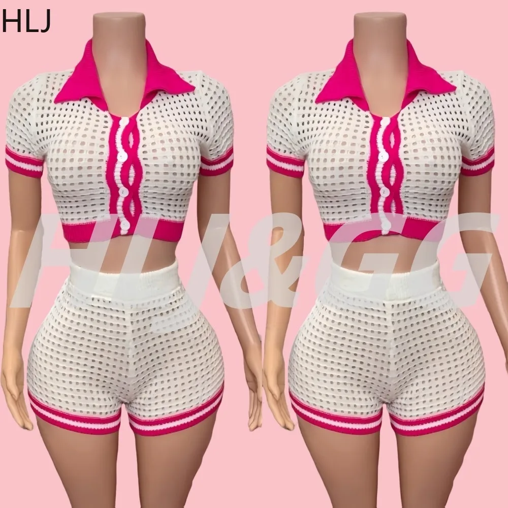 

HLJ&GG Sexy Knit Two Piece Outfits Woman Outfits Color Block Short Sleeve Button Crop Top and Shorts Matching Female Streetwear