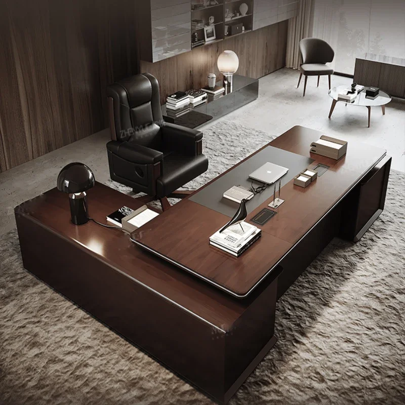 Solid Wood Leather Boss's Office Desk General Manager's Office Chairman's Desk and Chair Combination President's Desk