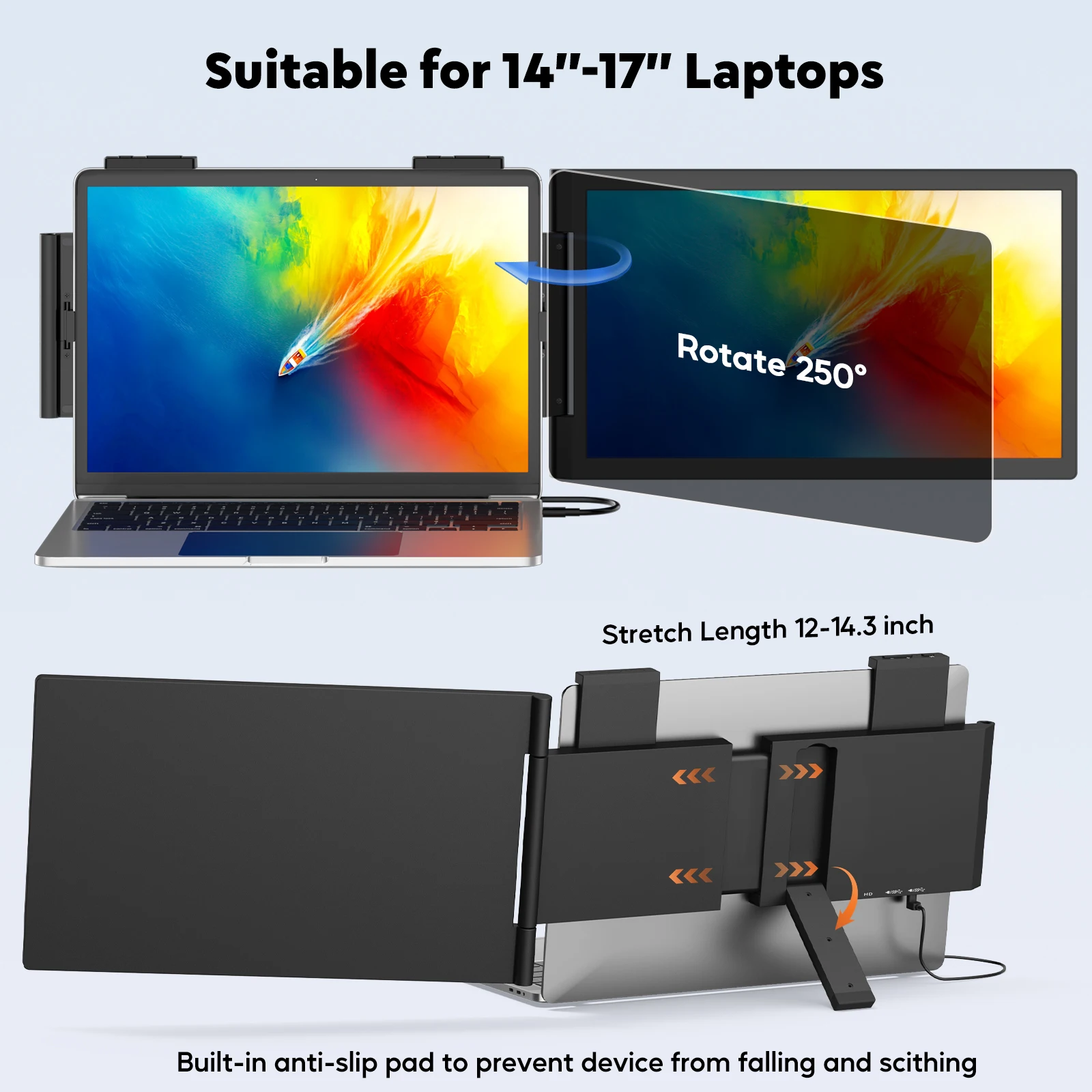 موسع شاشة الكمبيوتر المحمول Amoudo، موسع شاشة الكمبيوتر المحمول 14 بوصة FHD 1080P IPS، شاشة محمولة لأجهزة الكمبيوتر المحمولة 14 بوصة - 16 بوصة مع USB-C/HDMI