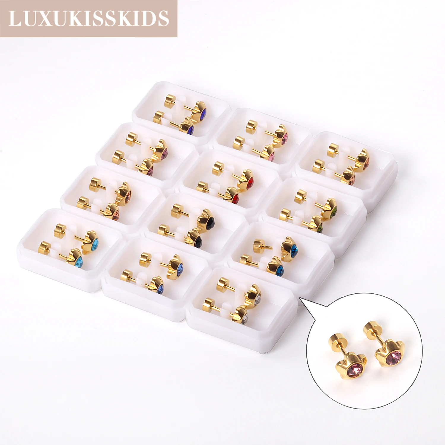 

LUXUKISSKIDS Small Flower Earrings Sets Wholesale 12pairs Stainless Steel Piercing White Colorful Zirconia Ears Twist Jewelry