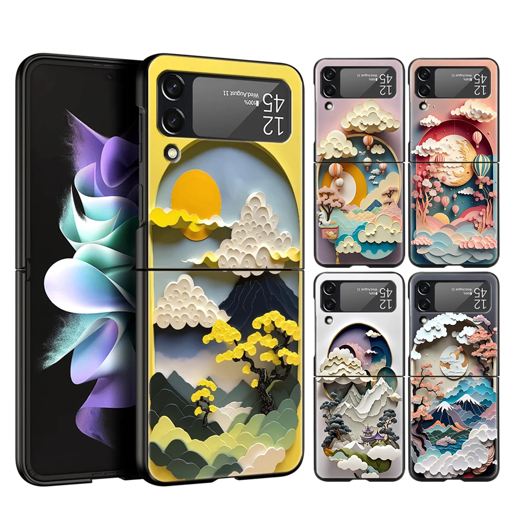 Phone Case for Samsung Galaxy Z Flip 3 4 5 6 7 8 Folding Shell For Samsung Z Flip4 PC Hard Cover Relief Scenery Art