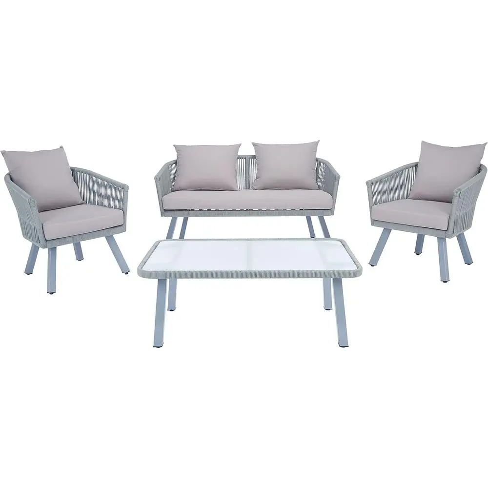 

4-Piece Grey Wicker Cushion Patio Set with Rope Backyard Living Furniture