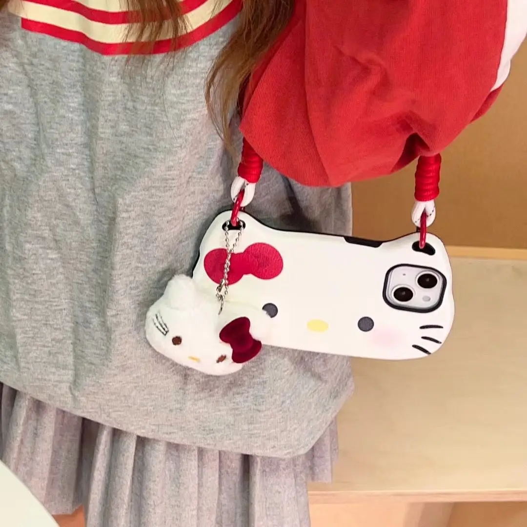 الكرتون الجلد الملمس أحمر الخدود مرحبا كيتي شريط للرسغ جراب هاتف آيفون 16 برو ماكس 15 برو 14 13 التغطية الكاملة الهاتف واقية #4