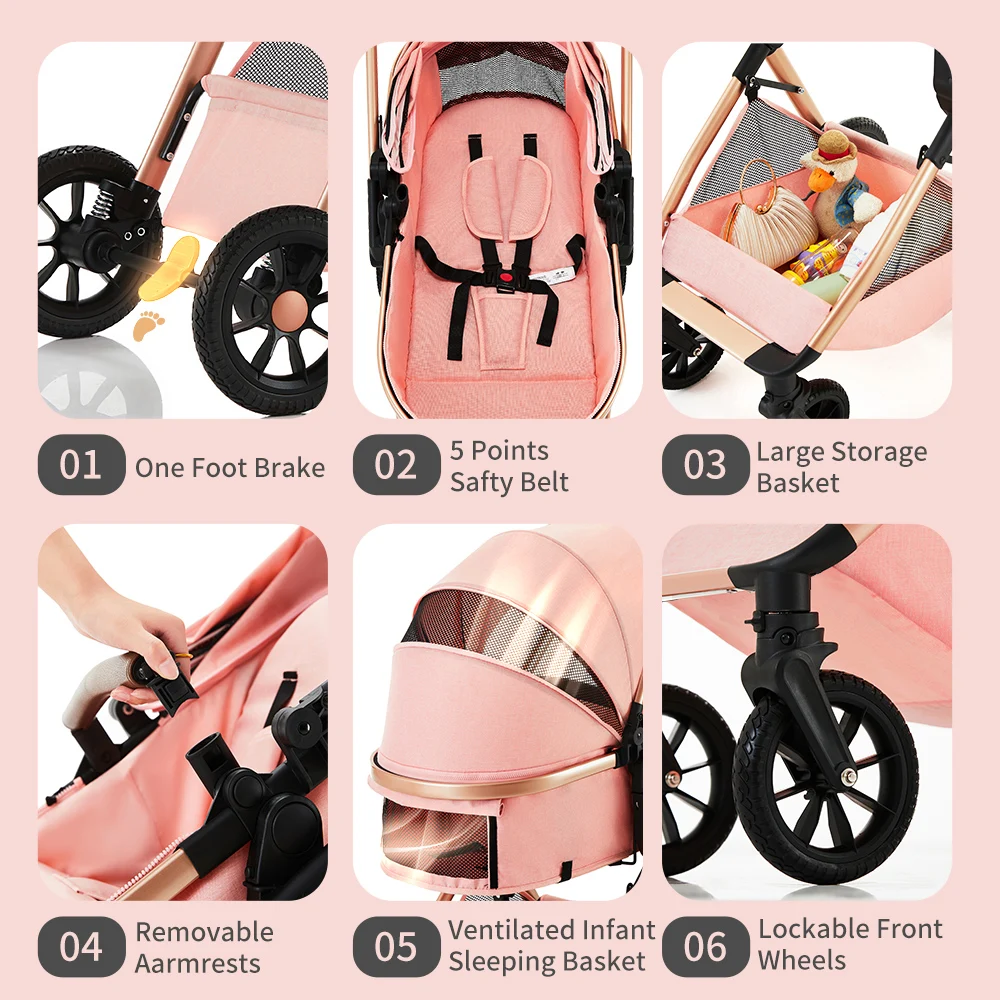 B.CHILDHOOD Kinderwagen 3-in-1, Kombinationskinderwagen, Reisesysteme, Buggy mit umkehrbarem Zwei-Wege-Druck mit Muttertasche, Regenschutz, Fußsack – Detail 9