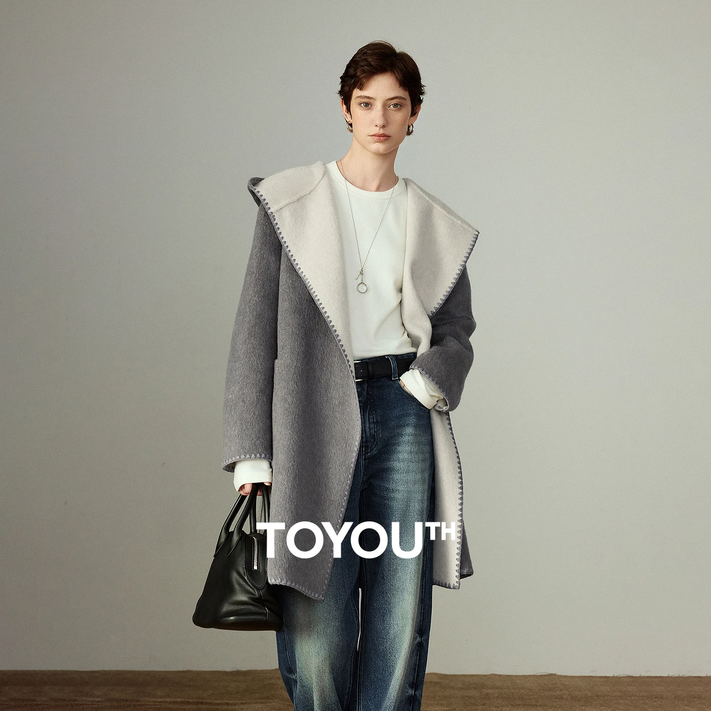 

TOYOUTH женские шерстяные пальто, новинка зимы 2021, шерстяная шелковая смесь волос кролика, двусторонняя верхняя одежда с капюшоном и застежкой на талии