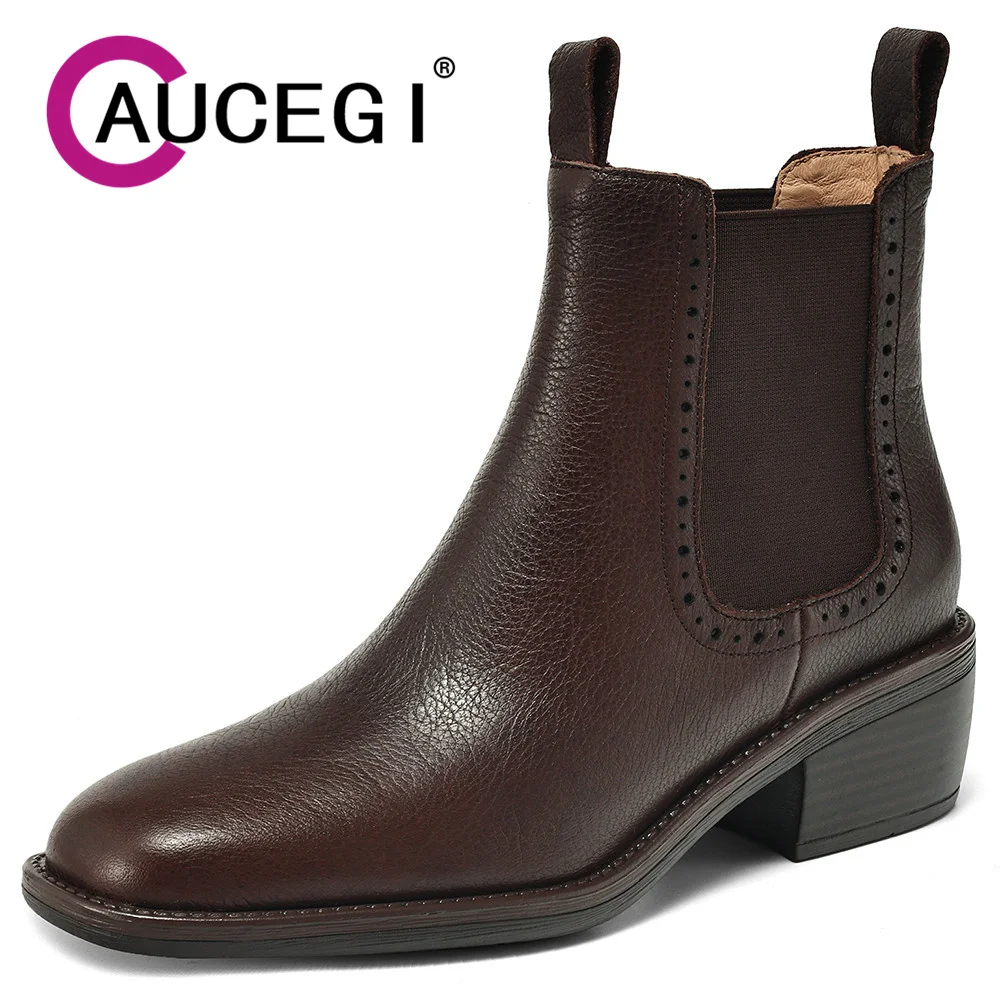 Aucegi شعبية النساء جلد طبيعي تشيلسي حذاء من الجلد جولة تو الانزلاق على شريط مرن حذاء بكعب سميك الحياة اليومية الأحذية المصنوعة يدويا #1