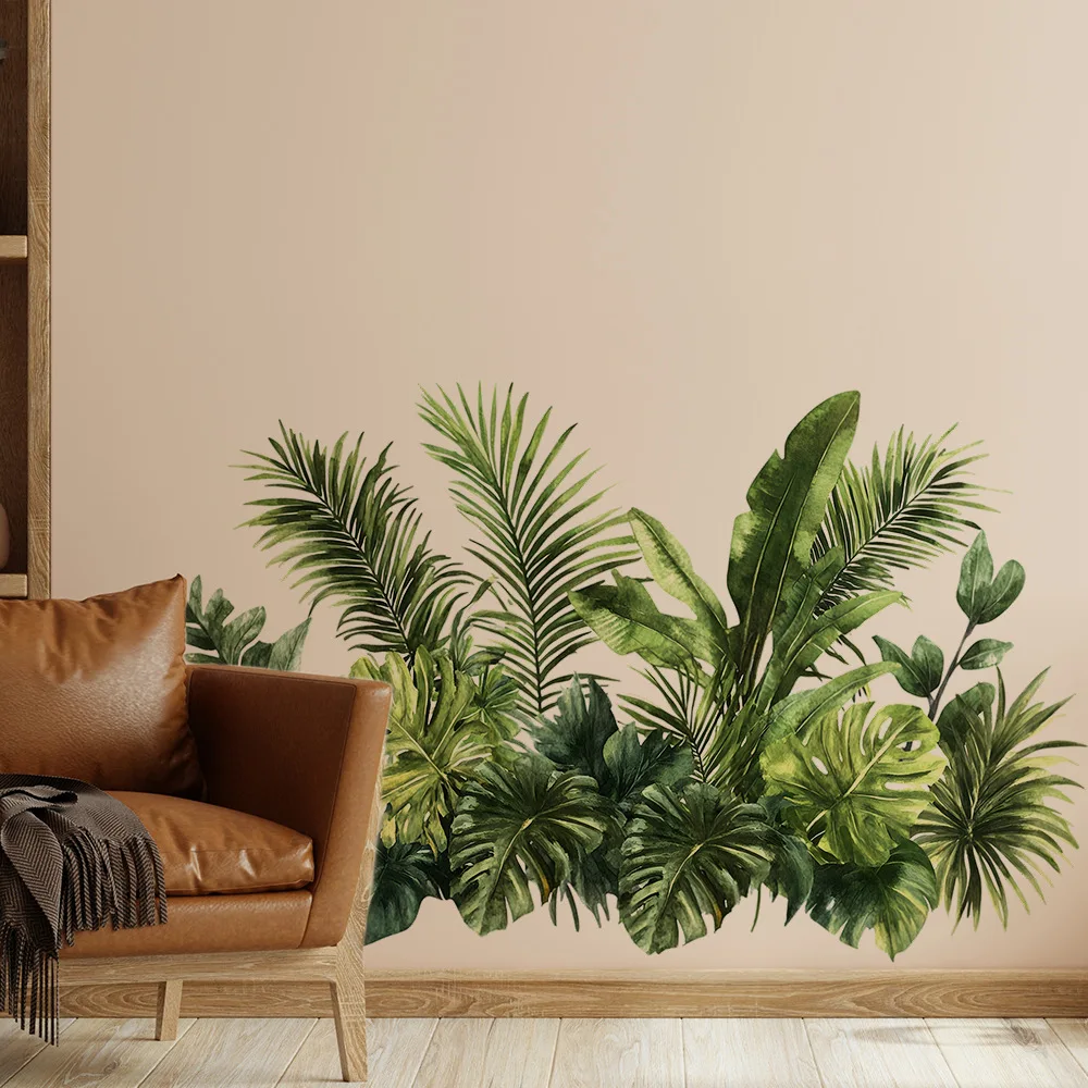 Watercolor Tropical Green Plants Wall Stickers, Removable Monstera Palm Leaf Decals, Peel and Stick Decor for Living Room