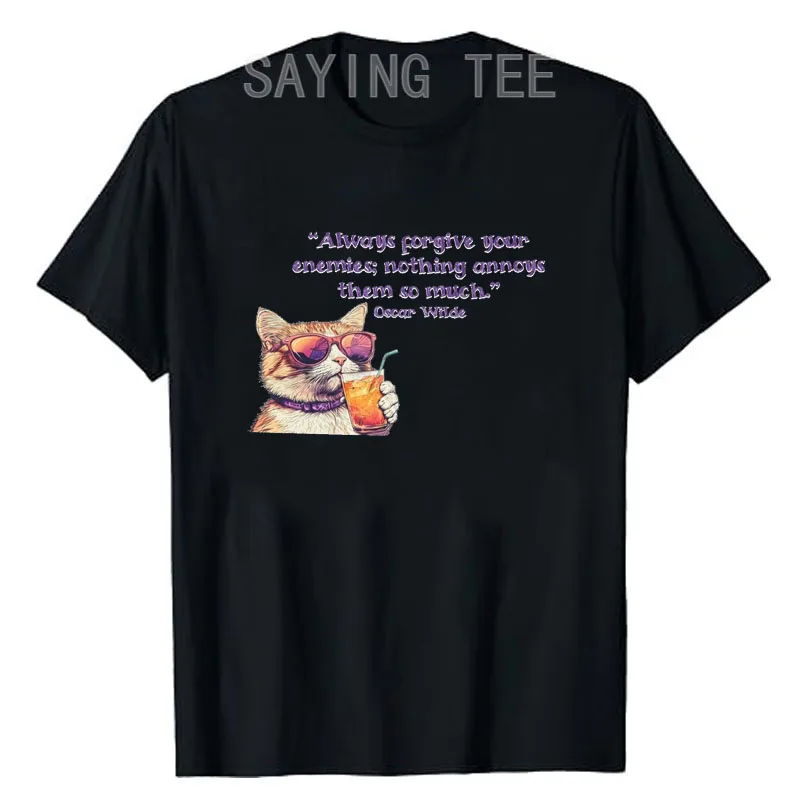 

Cool Kitten Wisdom T-Shirt – Oscar Wilde Funny Quote Shirt, Cute Casual Wear Letters Printed Saying Tee Cat Drinking Y2k Clothes