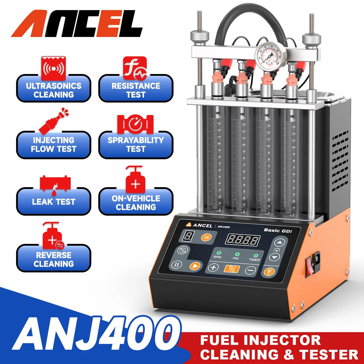 

ANCEL ANJ400 GDI Fuel Injector Cleaner & Tester Auto Ultrasonic Injector Cleaning Machine 4 Cylinders EFI FEI Cleaner Test