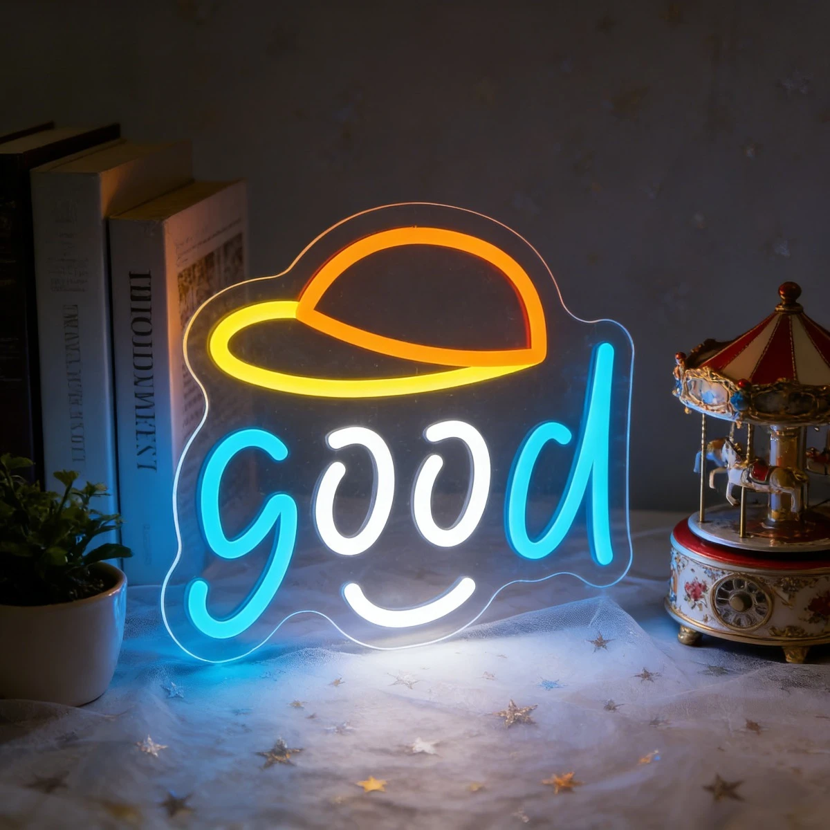 Desk Setup Bedroom - Good Vibes Neon Sign LED USB