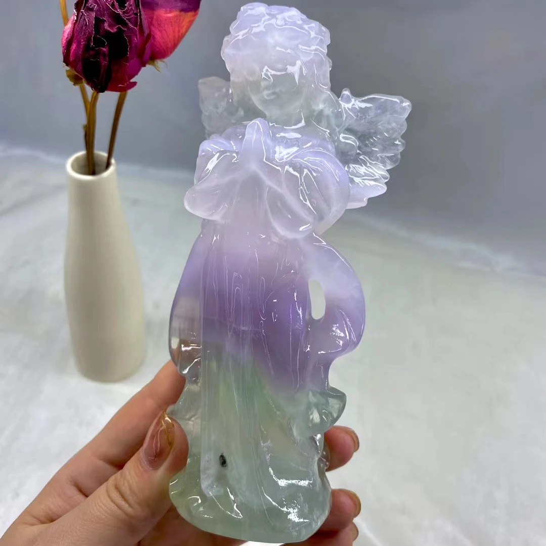 

160mm High Quality Natural Macaron Fluorite Guardian Angel Figurine Hand-Carved Healing Stone Home Decoration Luck Folk Gifts