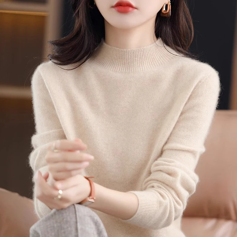 AOSSVIAO 2026 Autumn Winter Mock Neck Cashmere Women Pullover Trendy Casual Versatile Wool Knit Sweater Base Layer Solid Jumper