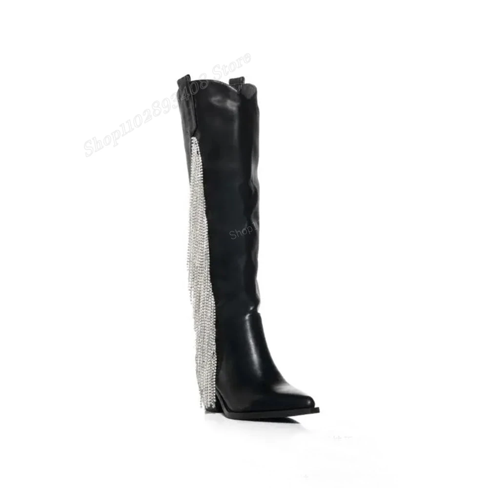 Black Crystal Tassels Chain Knee High Boots Pointed Toe Chunky High Heel Women Shoes 2024 New Fashion Sexy Zapatos Para Mujere