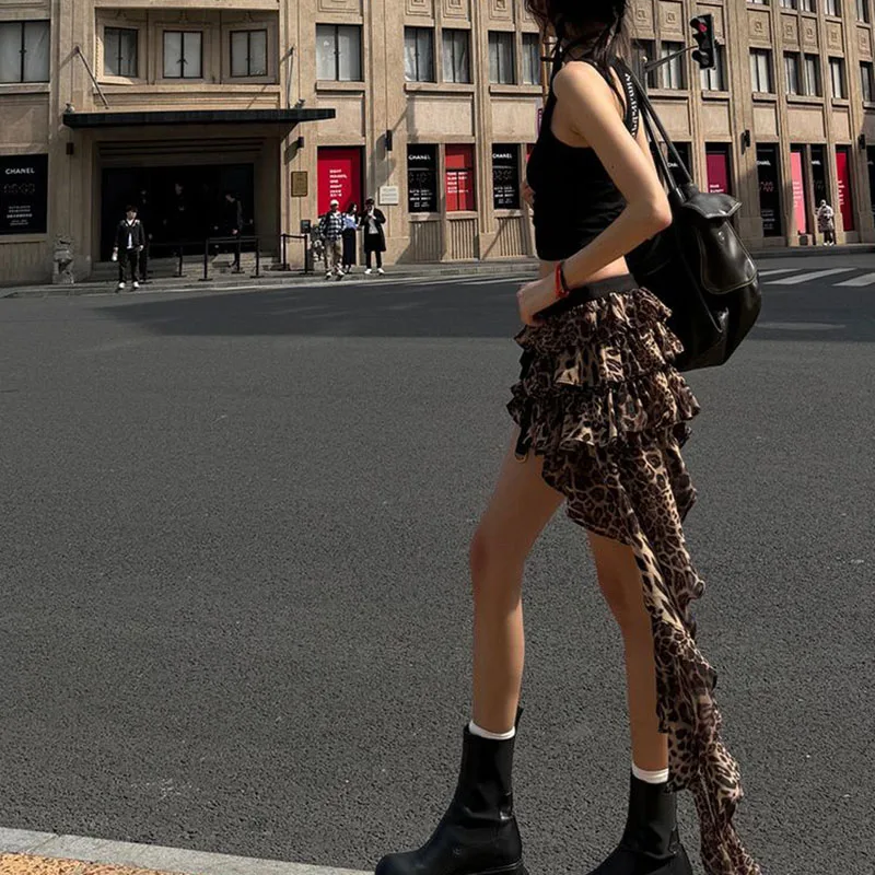 Design Sense Spice Girl Short Casual Fashion Joker Irregular Cake Skirt Splicing Millennium Leopard Chiffon Short Skirt Women