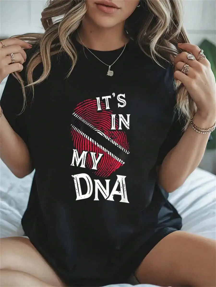 2026 Fashion New Women Round Neck T Shirt 100% Cotton It's In My DNA Letter Print Summer Holiday Travel Ladies Daily Outing Casual Basic Top Tee