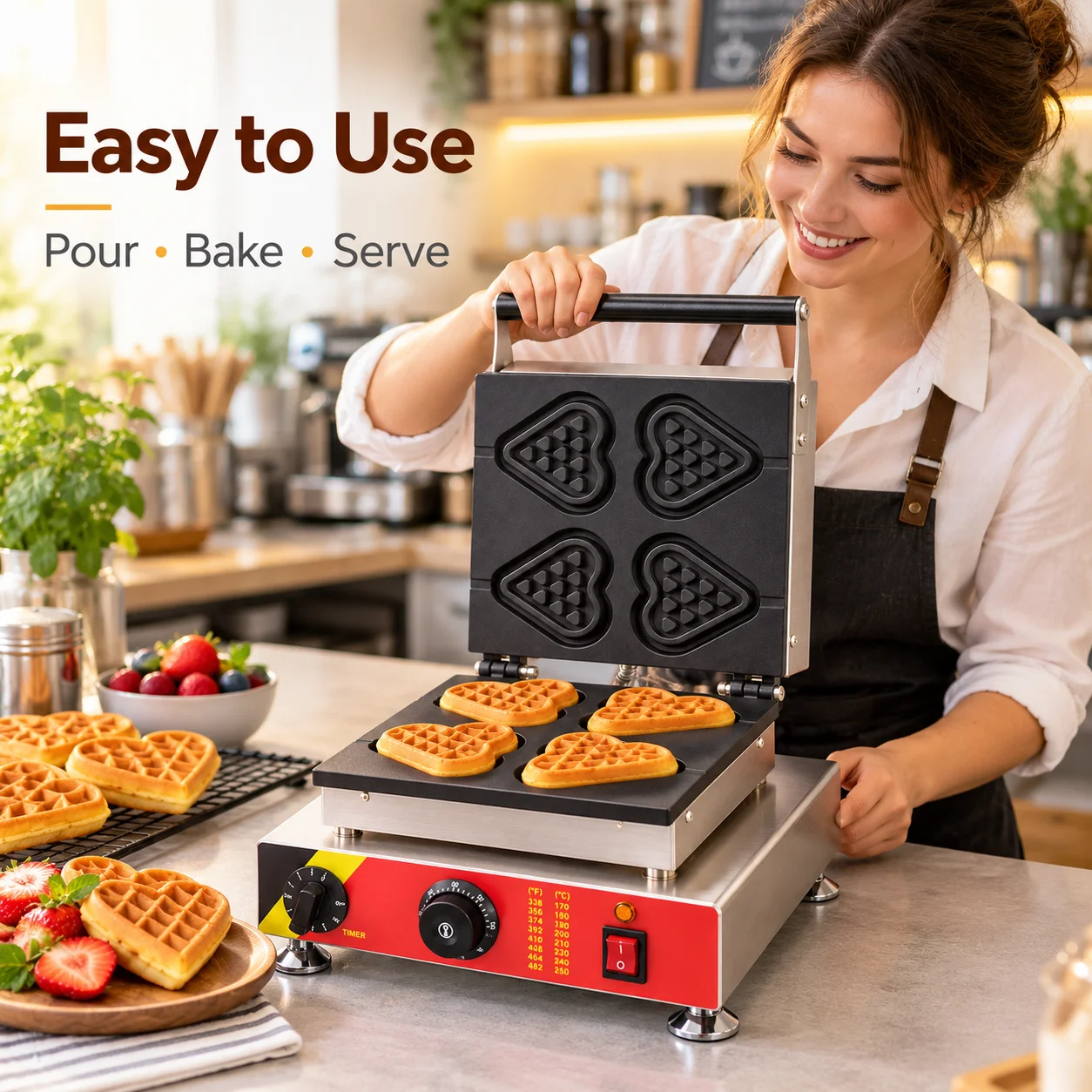 AOLIVIYA Commercial Heart Shaped Waffle Maker Electric Waffle Iron Machine Adjustable Temperature Countertop Baking Equipment