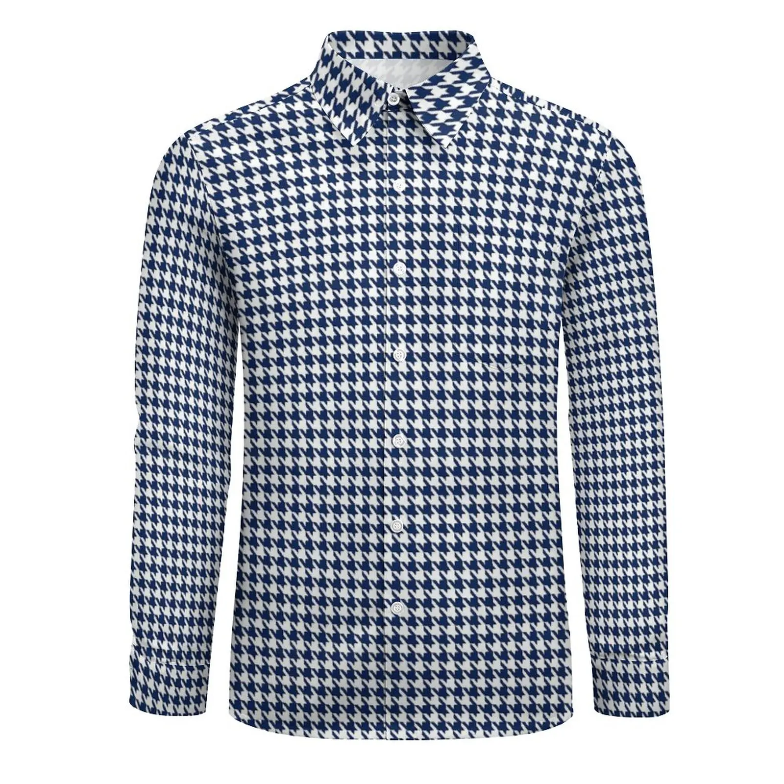 Houndstooth Shirt Autumn Navy Blue White Casual Shirts Men Loose Blouses Long Sleeve Pattern Harajuku Top Plus Size