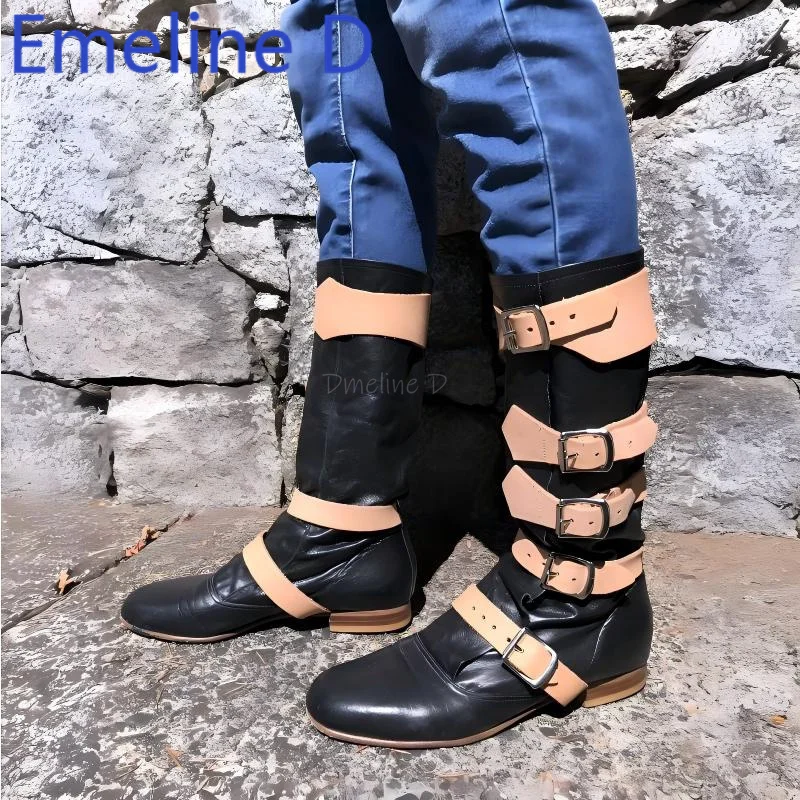 

Multi Belt Buckle Long Tube Boots Fashionable Pu Leather Splicing Round Toe Thick Heel Color Blocked Western High Tube Boots