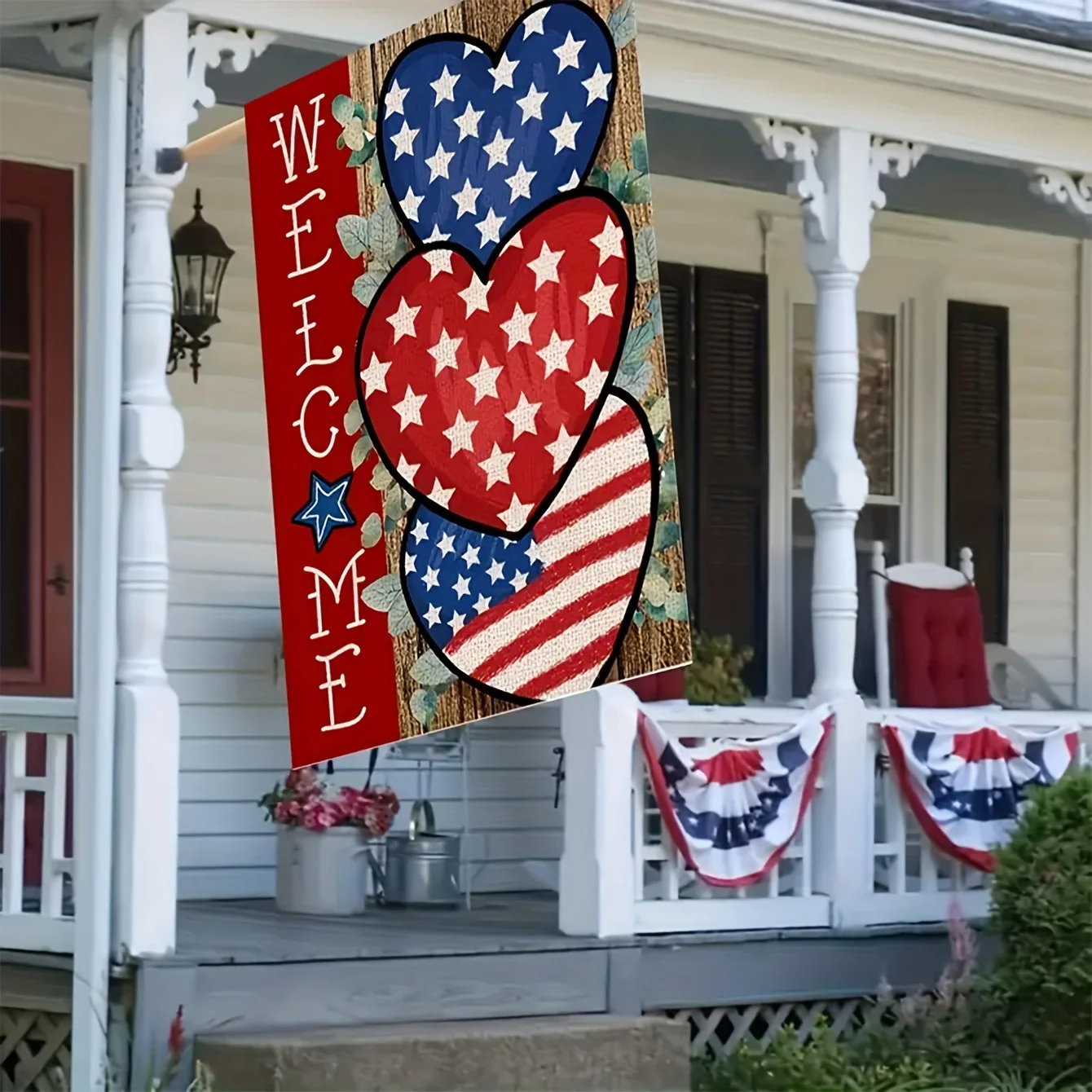 Welcome America 4th of July Garden Flag Double Sided USA Memorial Day Independence Day Patriotic Hearts Star Yard Flag