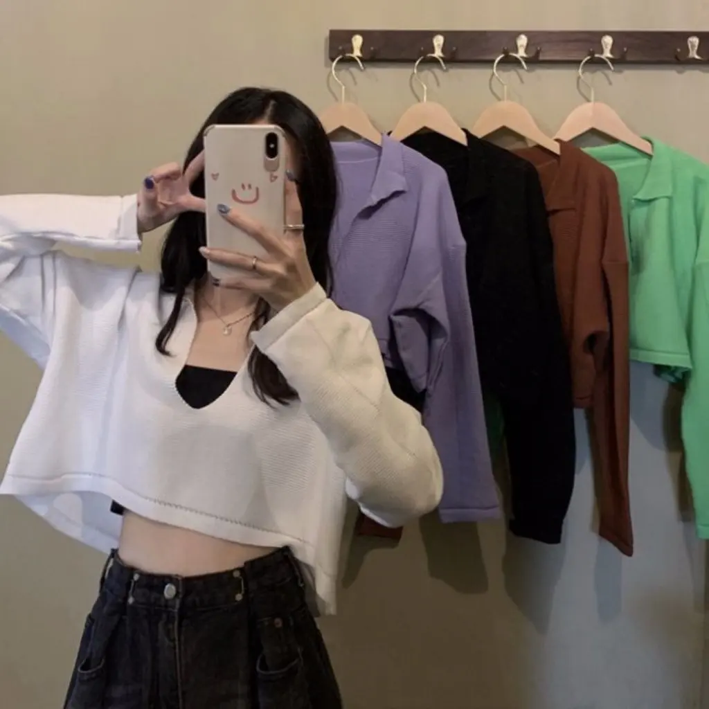 

Женский свитер с v-образным вырезом в корейском стиле, нежный белый короткий топ для осенне-зимней моды