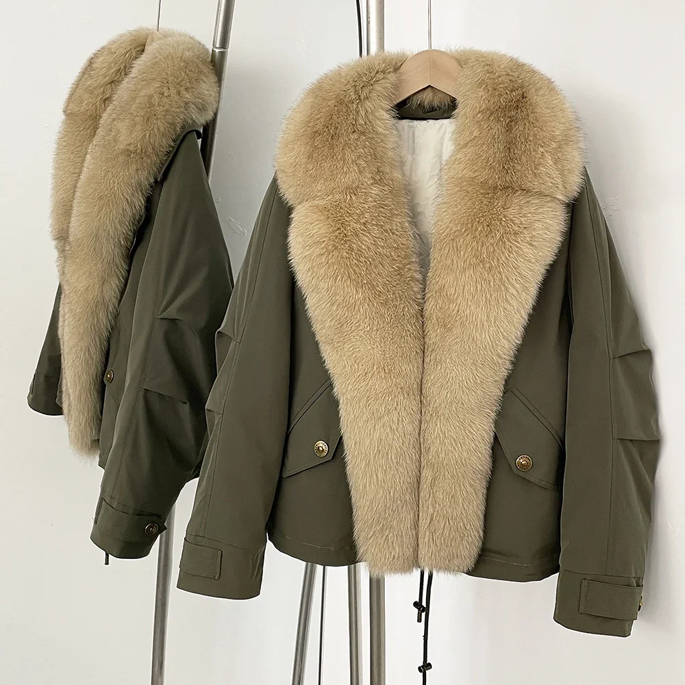 الثعلب الفراء طوق معطف الفرو الحقيقي موضة النساء مقاوم للماء الخريف 2025 الشتاء الأبيض بطة أسفل معطف الريش الدافئ الإناث سترة منفوخة