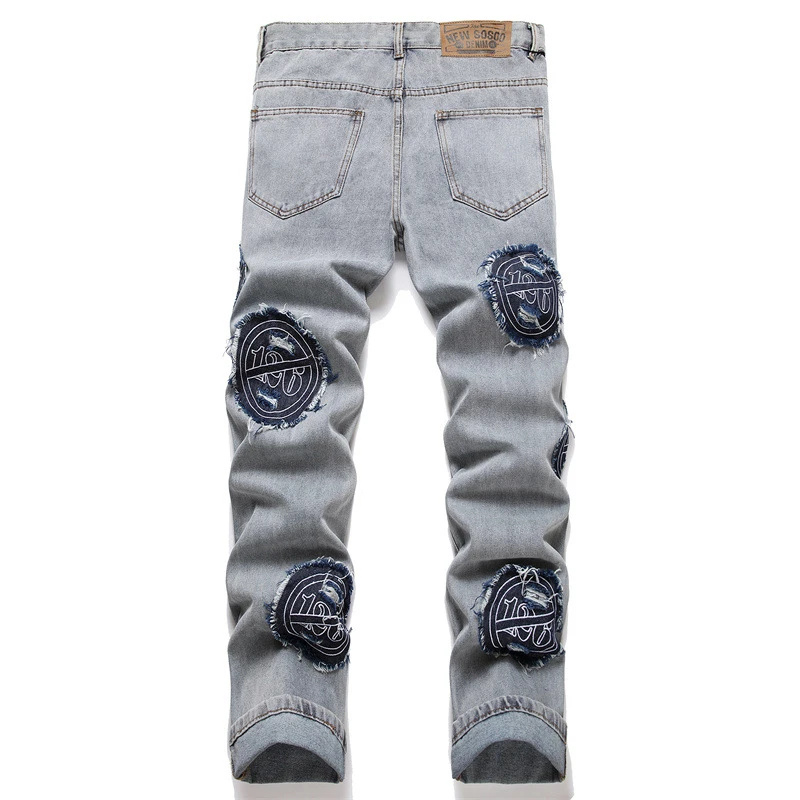 New Punk Blue Ripped Patch Jeans larghi a vita media gamba dritta Denim Street Fashion abbigliamento da uomo