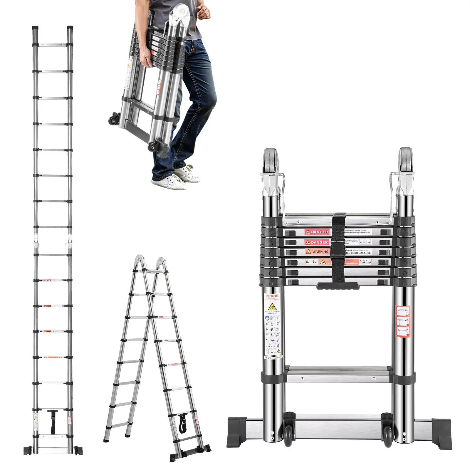 Telescoping Ladder A-Frame Stainless Steel Extension Step 16.5ft Portable Ladder