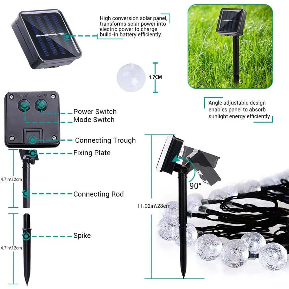 LED كريستال الكرة الخفيفة للطاقة الشمسية ، شجرة عيد الميلاد ، حفل زفاف الديكور ، عطلة الإضاءة ، الجنية جارلاند ، 5 متر ، 12 متر ، 22 متر