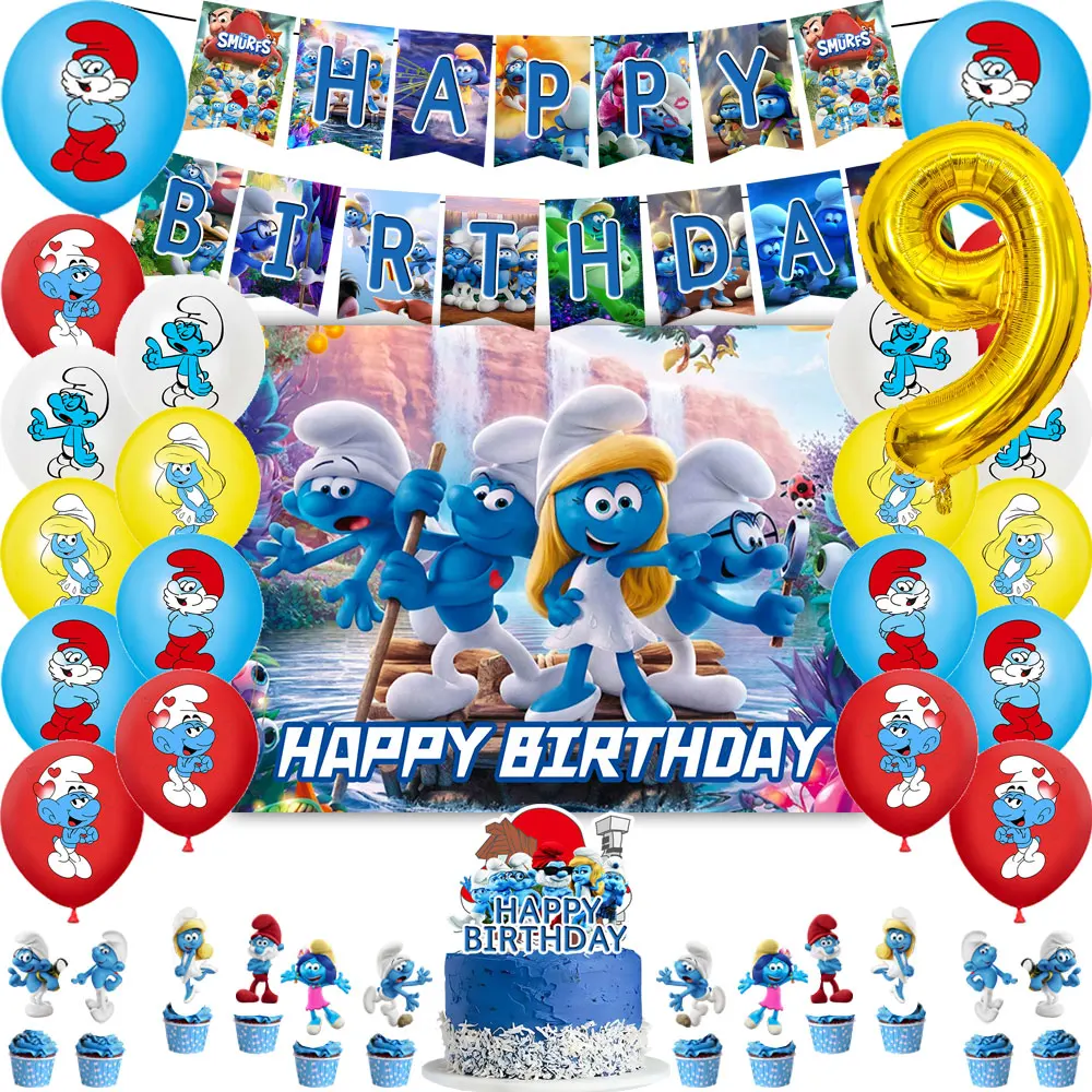 

The Smurfes Birthday Party Decoration Balloon Banner Backdrop Cake Topper Smurf Birthday Party Supplies Baby Shower Photo Prop