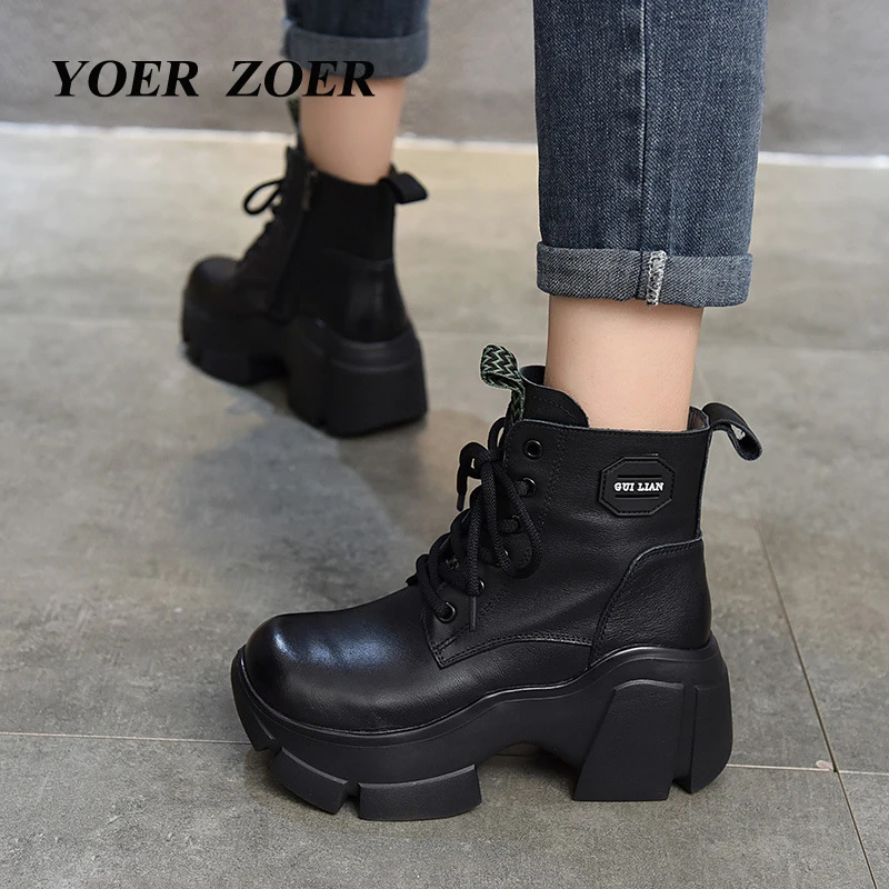 Ladies leather Martins boots High-heeled thick-soled muffin shoes Head layer cowhide short boots Female winter warm cotton boots