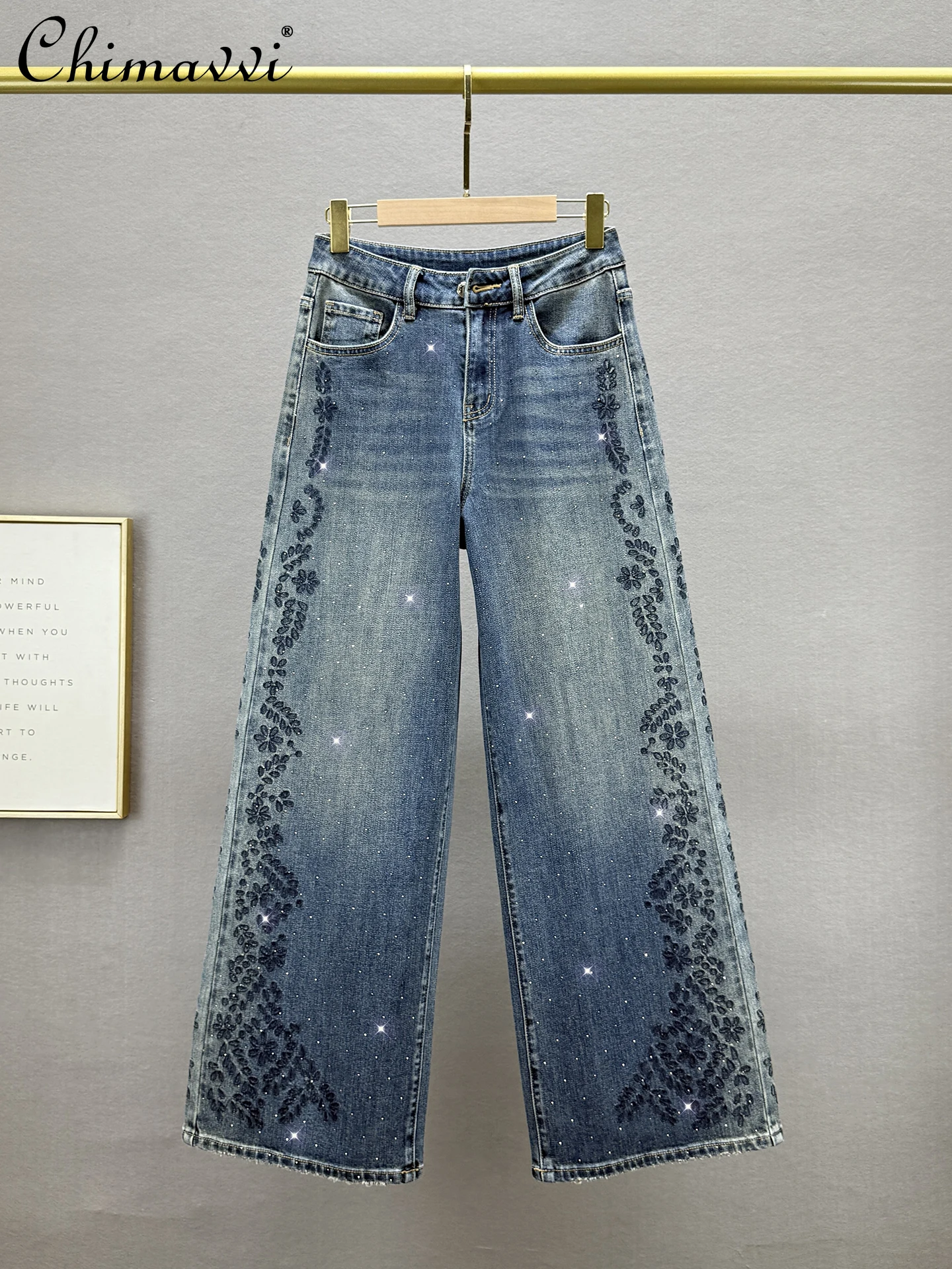 

Fashion Wide-Leg Jeans for Women 2025 Autumn New Heavy High-Waist Loose Slimming European Rhinestone Floor-Length Pants