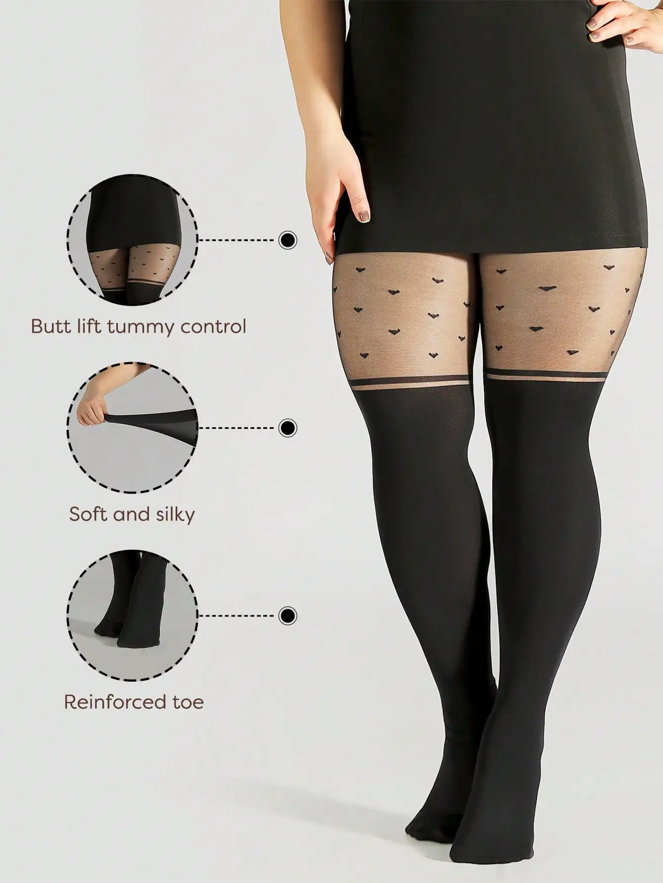 1Pc Plus Size Control Top Sheer Black Faux Thigh High Heart Pattern Tights Summer Autumn