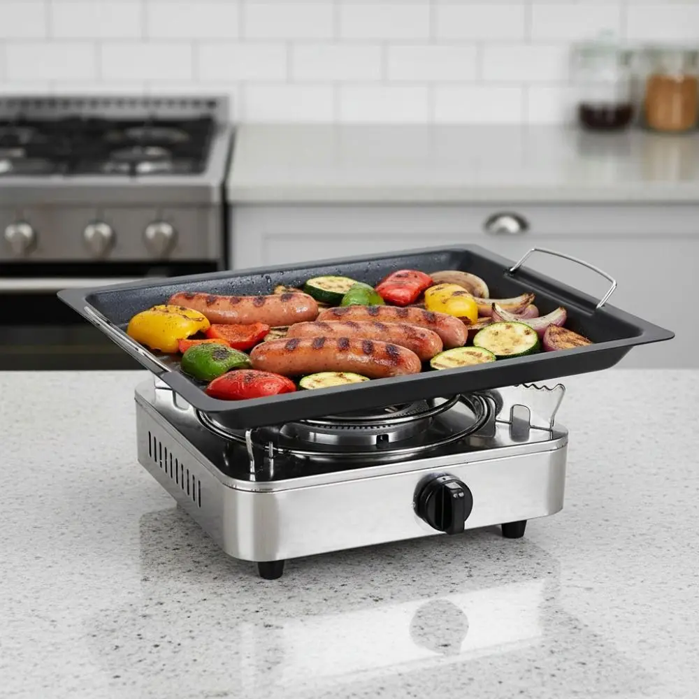Non-stick Outdoor BBQ Grill Pan with Handle Rectangular Grilling Plate Striped Groove Iron Grilling Tray Grilled Sausage