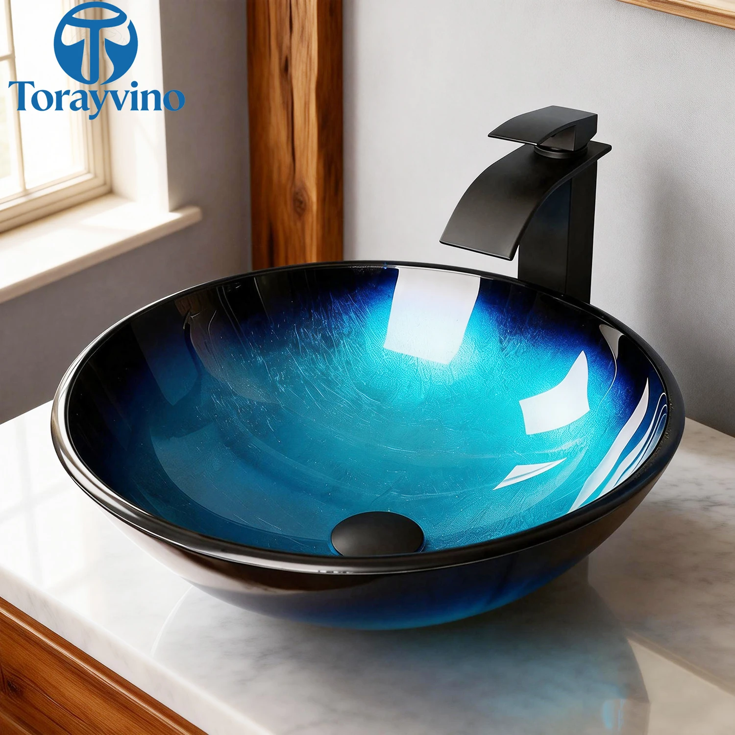 Torayvino Bathroom blue Tempered Glass Sink Oval Washbasin Faucets Combo Toilet Basin vessel Sink Set Washhand stand outdoor tap