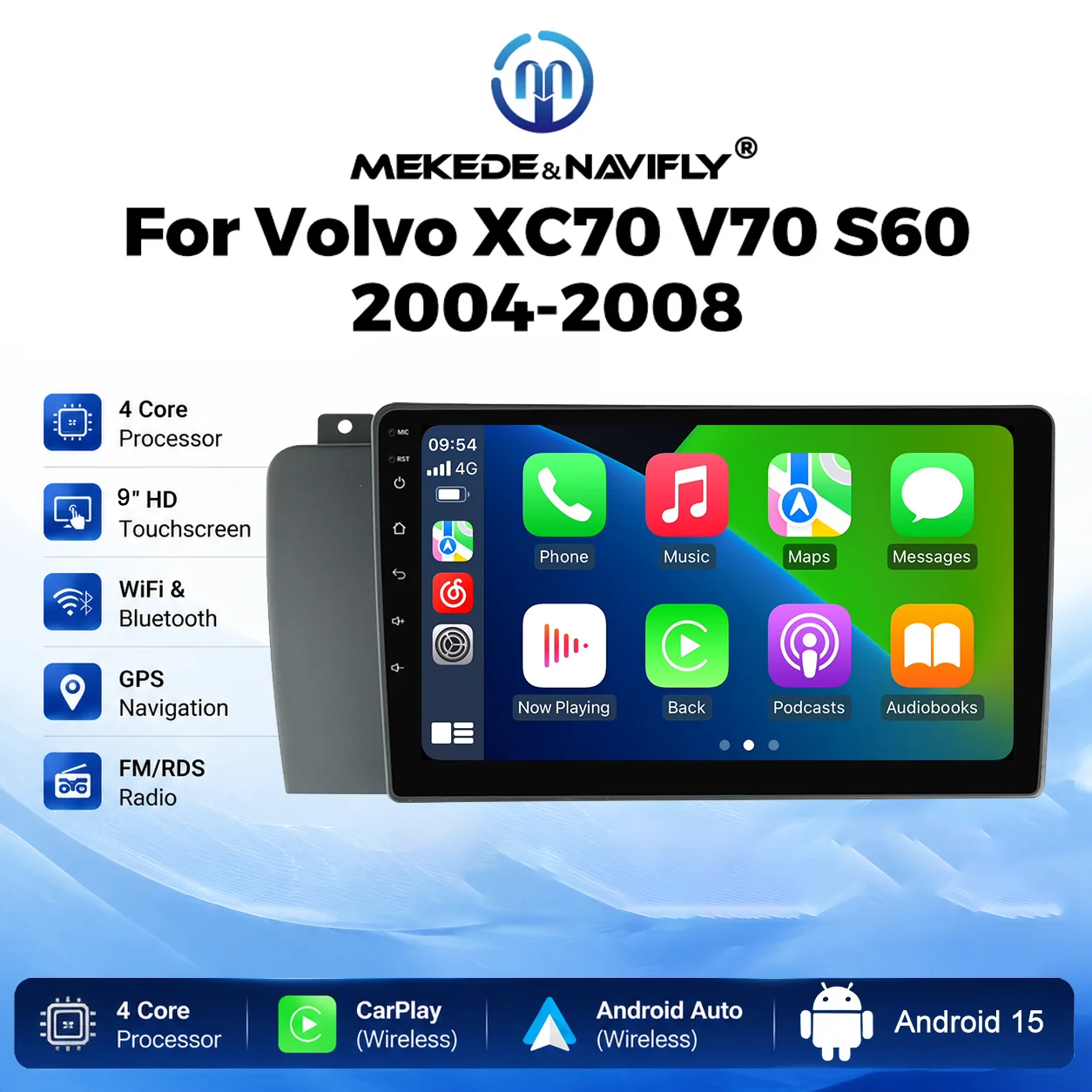 Système audio intelligent pour voiture MEKEDE&NAVIFLY Android 14 pour VOLVO XC70/V70/S60 2005-2009, autoradio 2 Din, lecteur multimédia vidéo.
