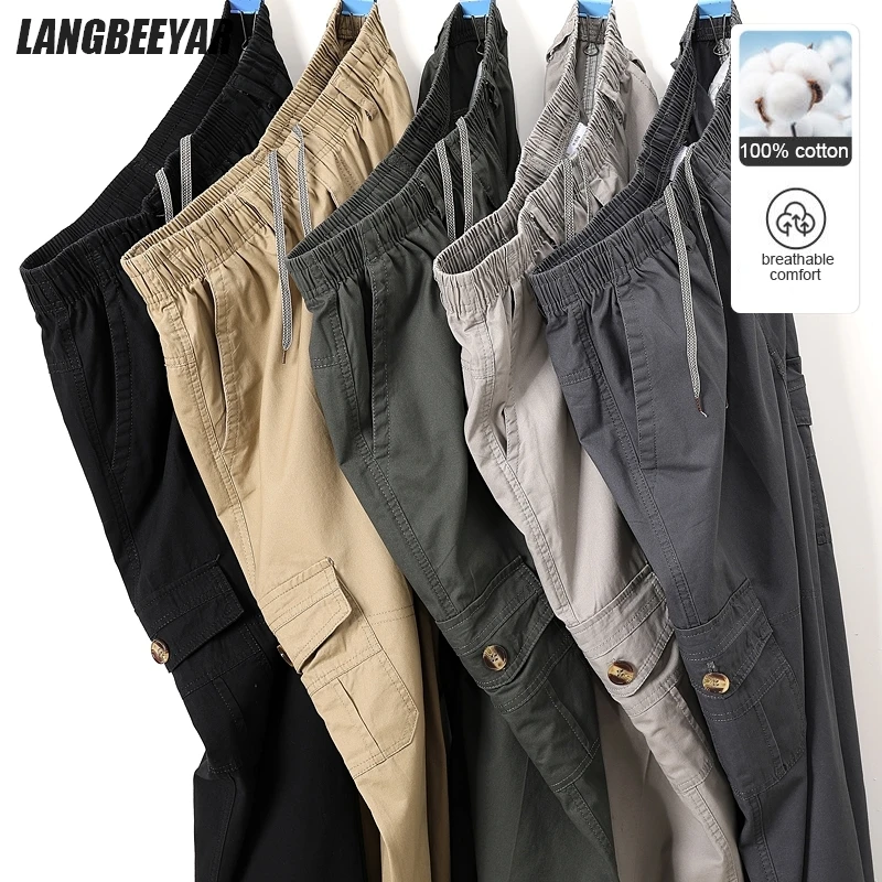 

Свободные прямые брюки-карго из 100% хлопка премиум-класса без глажки с карманами, весенне-осенние дышащие повседневные модные длинные брюки, мужские брюки