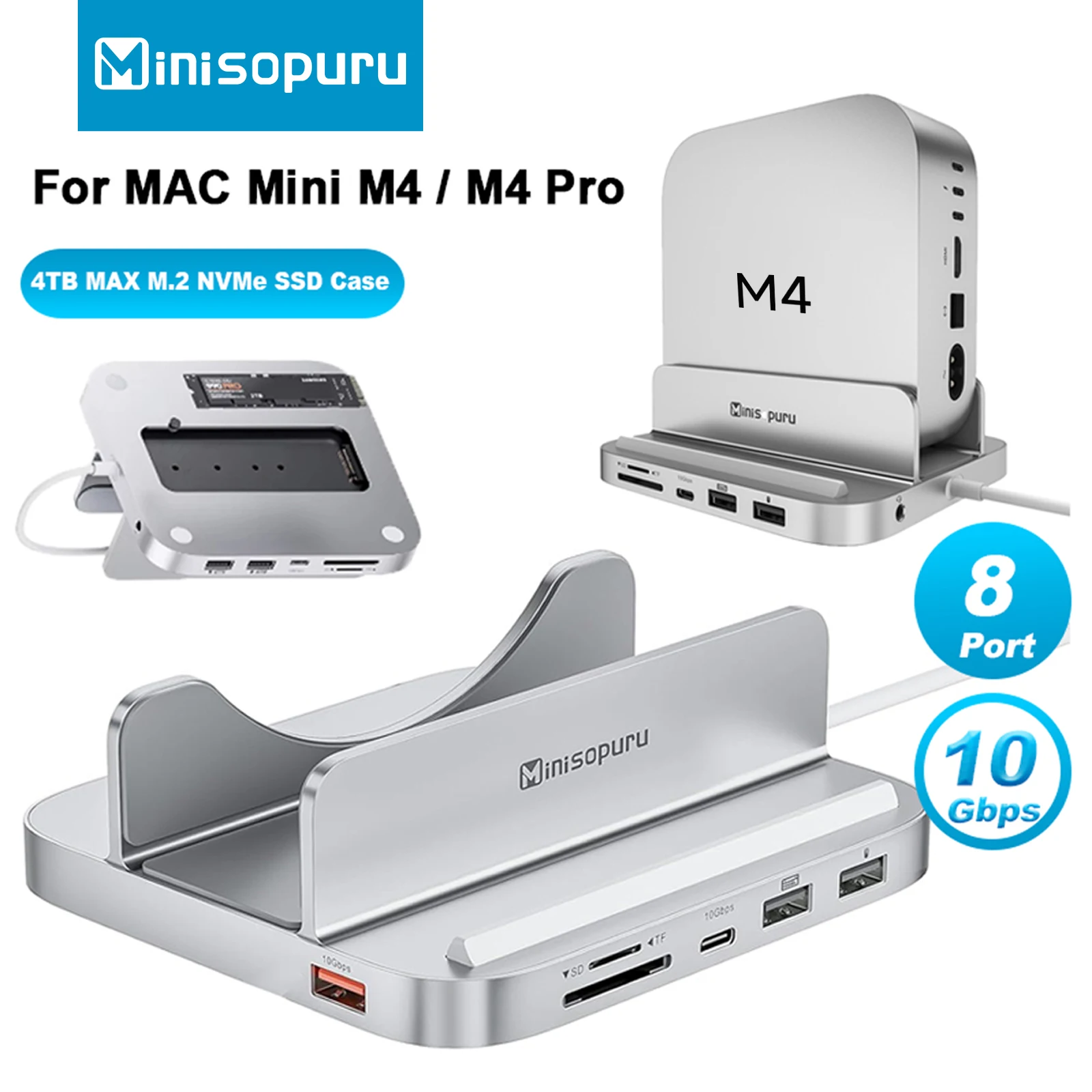 

Minisopuru USB HUB Mac Mini M4 Dock Stand with M.2 SSD Enclosure 10Gbps USB C/A, TF/SD Mac Mini Hub for Mac Mini M4/M4 Pro 2024