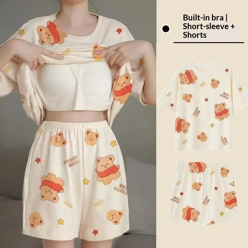 Summer Women's Short Sleeved Pajamas with Chest Cushion Home Suit Set, Polka Dot Round Neck Shorts Pajamas Home Suit Set