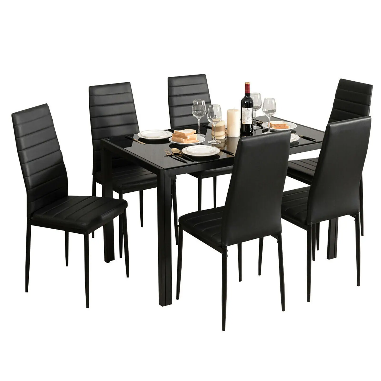 7 PCS Kitchen Dining Table Set Breakfast Furniture w/ Glass Top Padded Chair