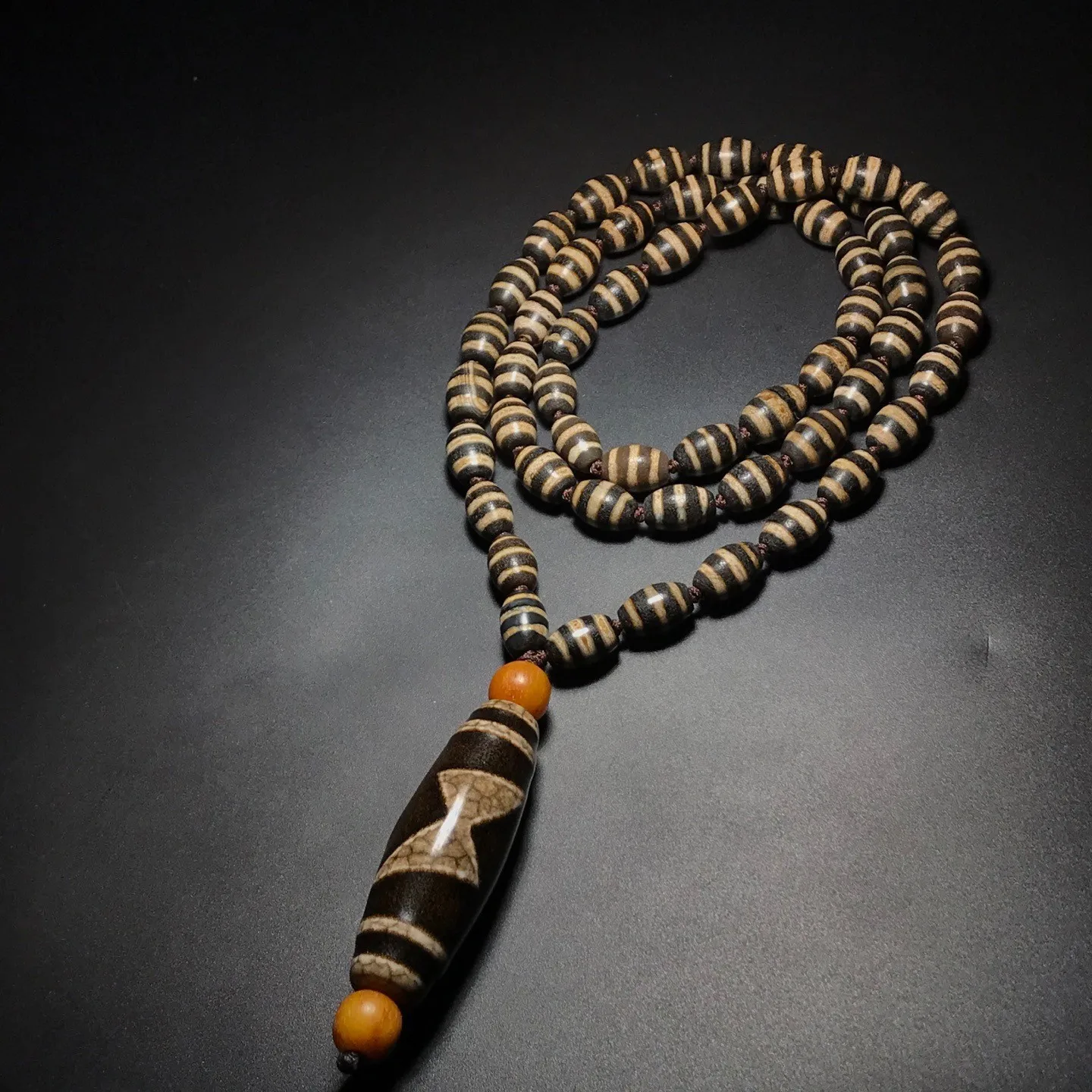 Unique Tibetan Old Agate Dzi Lines 5 Eyes Lightning Beads Necklace J0506