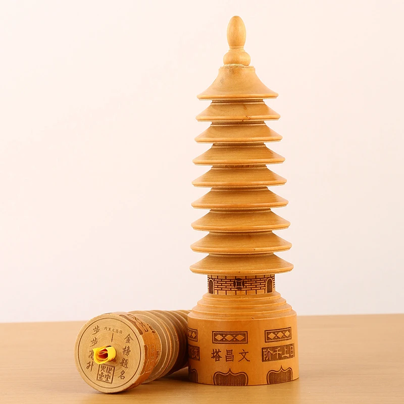 Round , carved peachwood nine-story Wenchang Pagoda craft, large quantity of desk and office decoration