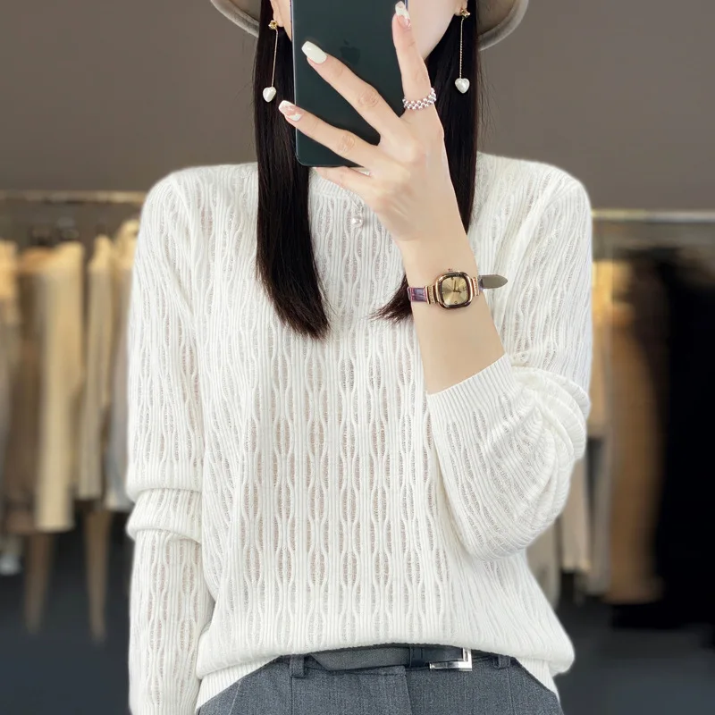 Women\'s Pullover 2023 Spring and Autumn New 100% Wool Hollow Out Casual Knitted Women\'s Top Loose O-neck Collar Korean Sweater