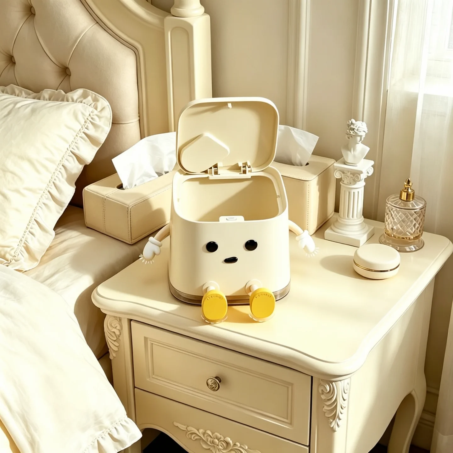 Mini Press‑Lid Desktop Trash Can with Cleaning Brush, Cute Sitting Figure Tabletop Waste Container, Small Lidded Waste Bin for Office Dorm Bedroom Vanity