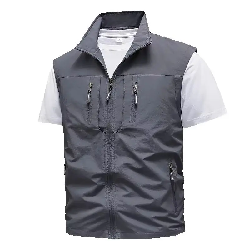 Men's Spring Autumn New Lightweight Outdoor Multi Pocket Vest Stand Collar Solid Color Utility Casual Waistcoat for Daily Use